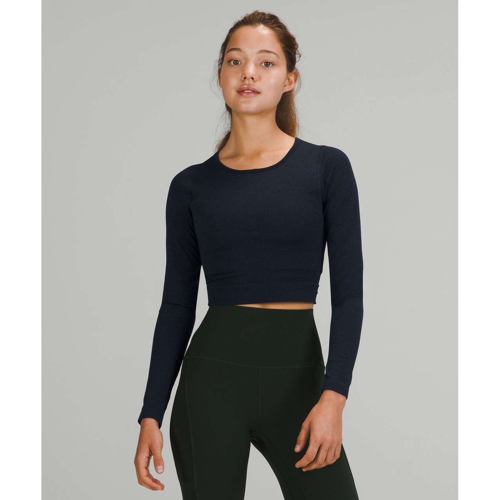 Lululemon Ebb to Street Long Sleeve True Navy Ribbed Crop Top Size 2
